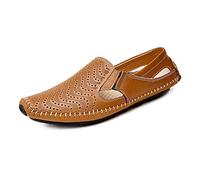 Asifn Mens Leather Driving Loafer Lightweight Slip-on Perforated Breathable Walking Boat Shoes Flat Slippers Outdoor Moccasin（Brown,7/7.5 UK,41 Brand Size