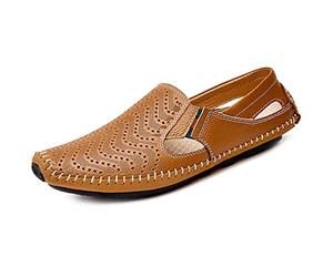 Asifn Mens Leather Driving Loafer Lightweight Slip-on Perforated Breathable Walking Boat Shoes Flat Slippers Outdoor Moccasin（Brown,7/7.5 UK,41 Brand Size