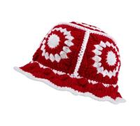 ASIJUNTYECHO Crochet Bucket Hat for Women,Handmade Flower Knitted Hat,Foldable Floppy Beach Hat Sun Hat,Fashion Winter Crochet Bucket Hat, Red & White, One Size