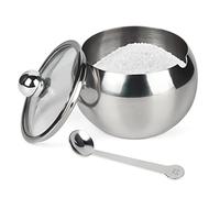 ASIKA Sugar Bowl, Stainless Steel Sugar Pot with Clear Lid and Spoon, Drum Shape Small Condiment Container for Home and Kitchen, 8.1 Ounces(240 Milliliter)