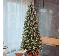 Asinse 6ft/1.8m Pre Lit Slim Christmas Tree with 300 LED Lights, 640 Tips, Snow Flocked Hinged Tree with 51 Mixed Pine Needles and 51 Red Berries, for Xmas Indoor and Outdoor Decoration
