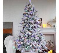 Asinse 6ft/180cm Pre-Lit Christmas Tree, White Snow Flocked Premium Artificial Spruce with 350 Multicolor LED Lights, PE+PVC+Pine Needles, Pine Cones, Hinged Branches, Metal Stand