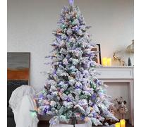 Asinse 6ft/180cm Pre-Lit Christmas Tree, White Snow Flocked Premium Artificial Spruce with 350 Multicolor LED Lights, PE+PVC+Pine Needles, Pine Cones, Hinged Branches, Metal Stand