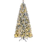 Asinse 6ft/180cm Pre-Lit Slim Snow Flocked Christmas Tree - Premium Artificial Hinged Xmas Tree with 220 Chasing LED Lights, White Heavy Snow Flocking, 650 Branch Tips, Pine Needles, Easy Assembly