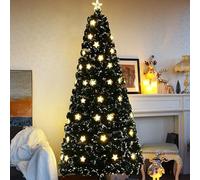 Asinse 6ft/7ft Pre-lit Fiber Optic Artificial Christmas Tree, 230/270 Green PVC Tips with Golden Stars, Warm White LED Lights with 8 Modes, Golden Star Topper, Holiday Decor (5ft/150cm)