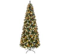 Asinse 7ft/2.1m Pre Lit Slim Christmas Tree with 380 LED Lights, 850 Tips, Snow Flocked Hinged Tree with 65 Mixed Pine Needles and 65 Red Berries, for Xmas Indoor and Outdoor Decoration