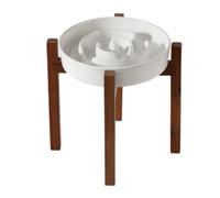 Asixxsix Ceramic Slow Feeder Dog Bowl, Maze Dish for Fast Eater, Elevated Pet Feeding Bowl with Wooden Stand and Anti Slip Base for Small Medium Dogs, 9.53x6.77 Inch (7.2in)