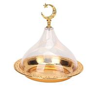 Asixxsix Eid Mubarak Cake Tray, Serving Plate with Acrylic Clear Dome, Golden Vintage Embossed Patterns Stainless Steel Serving Dish Decorative Cake Tray for Home Party Cafe Wedding