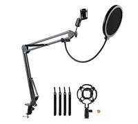 Asixxsix Microphone Boom Arm, Adjustable Suspension Boom Extendable Boom Arm with Double Screen Pop Filter and Super Strong Spring for Recording Vocals, Podcasts and Other Audio Content