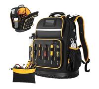 Asixxsix Tool Backpack, Oxford Fabric Hard Bottom Heavy Duty Tool Bag with Pouch Type C Cable, Multiple Pockets Padded Laptop Sleeve Tool Bag Backpack for Men Women