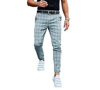 ASIYAN Men's Stretch Chino Checkered Golf Long Suit Trousers, Slim Fit Patterned Fabric Elegant Tapered Business Pants, Checkered Comfort Casual Skinny Fit Leisure Trousers, Lightweight(Blue,L)