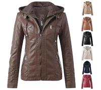 ASIYAN Oversized Leather Jacket Women's Long Sleeve Solid Square Collar Trendy Outerwear Winter Fashion Coat Ladies Hooded Faux Leather Autumn Winter Motorcycle Jacket Casual(Brown,3XL)