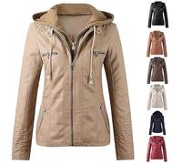 ASIYAN Women's Leather Biker Jacket, Hooded Motorcycle Funky Slim Faux Leather Trendy Functional Jacket For Women With Hood, Long-sleeved Transitional Jacket, Outdoor Jacket, Slim Fit Casual(Khaki,M)