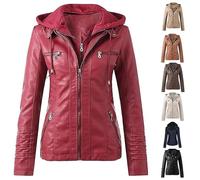 ASIYAN Women's Leather Biker Jacket, Hooded Motorcycle Funky Slim Faux Leather Trendy Functional Jacket For Women With Hood, Long-sleeved Transitional Jacket, Outdoor Jacket, Slim Fit Casual(Red,3XL)