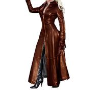 ASIYAN Women's PVC Leather Trench Coat Jacket With Zipper Long Sexy Dress Faux Leather Jacket Solid Color Slim Fit Jacket Tunic Autumn Winter Coats(Brown,M)