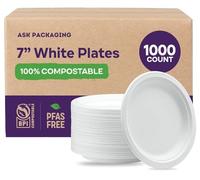 Ask Packaging 100% Compostable Paper Plates 7 Inch [1000 Count] Heavy-Duty Dessert Plates - White Bagasse - Eco-Friendly Disposable Biodegradable Sugarcane Plate - [Bulk Case 20/50 Pack]