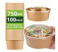 Ask Packaging 100 x 750ml Kraft Salad Paper Bowls with Lids - Takeaway Containers for Hot & Cold Food - Leak-Resistant Soup Bowls - Disposable Food Containers for Restaurants & Meal Prep