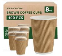 Ask Packaging 100 x 8oz Kraft Ripple Paper Cups for Hot Drinks - Strong 3-Ply Insulated Disposable Coffee Cups - Leak-Proof & Recyclable Drinking Cups for Coffee Cappuccino Tea & Hot Beverages