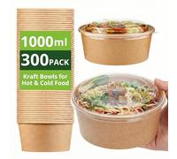 Ask Packaging 300 x 1000ml Kraft Salad Paper Bowls with Lids - Takeaway Containers for Hot & Cold Food - Leak-Resistant Soup Bowls - Disposable Food Containers for Restaurants & Meal Prep