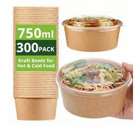 Ask Packaging 300 x 750ml Kraft Salad Paper Bowls with Lids - Takeaway Containers for Hot & Cold Food - Leak-Resistant Soup Bowls - Disposable Food Containers for Restaurants & Meal Prep