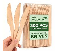 Ask Packaging 300 x Disposable Wooden Knives 16cm Bulk Pack - Strong Serrated Birchwood, Compostable Disposable Cutlery | Parties, Weddings, BBQs and Catering