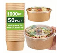 Ask Packaging 50 x 1000ml Kraft Salad Paper Bowls with Lids - Takeaway Containers for Hot & Cold Food - Leak-Resistant Soup Bowls - Disposable Food Containers for Restaurants & Meal Prep