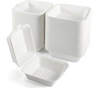 Ask Packaging 50 x Burger Boxes 6x6 in - Disposable Takeaway Clamshell Bagasse Container (480ml/17oz) Eco-Friendly, Biodegradable, Compostable, Microwave & Freezer Safe Food Container
