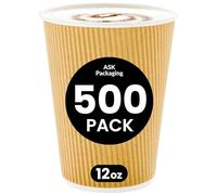 Ask Packaging 500 x 12oz Disposable Brown Coffee Cups - Kraft Ripple Paper Cups for Hot Drinks - Strong 3-Ply Insulated Leak-Proof & Recyclable Drinking Cups for Coffee Cappuccino Tea & Hot Beverages