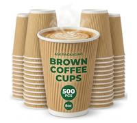 Ask Packaging 500 x 8oz Kraft Ripple Paper Cups for Hot Drinks - Strong 3-Ply Insulated Disposable Coffee Cups - Leak-Proof & Recyclable Takeaway Cups for Tea & Hot Beverages