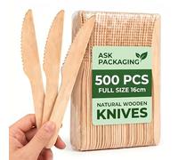 Ask Packaging 500 x Disposable Wooden Knives 16cm Bulk Pack - Strong Serrated Birchwood, Compostable Disposable Cutlery | Parties, Weddings, BBQs and Catering