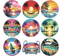 askkqtx 8 PCS Beach Diamond Art Coasters Kits with Holder, Sunset Coconut Tree Diamond Painting Coasters Kits for Adults, DIY 5D Full Round Drill Arts and Crafts for Adults Supplies 4x4 Inch
