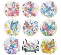 askkqtx 8 PCS Butterflies Diamond Art Coasters Kits with Holder, Flowers Diamond Painting Coasters Kits for Adults, DIY 5D Full Round Drill Arts and Crafts for Adults Supplies 4x4 Inch