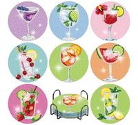 askkqtx 8 Pcs Cocktails Diamond Art Coasters Set with Holder 4x4 Inch