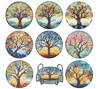askkqtx 8 PCS Tree of Life Diamond Art Coasters Kits with Holder, Tree Diamond Painting Coasters Kits for Adults, DIY 5D Full Drill Rhinestone Art Craft Supplies 4x4 Inch