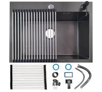 ASKLFNEI Small Kitchen Sink, Single Bowl Stainless Steel Sink, Compact Bar Sink,Topmount Drop,with Strainer Drain,for Campervan, Caravan & Utility Room(Black,60x45cm)