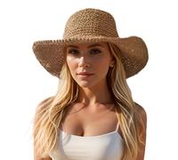 Askljeby Floppy Big Beach Straw Hats for Women Foldable Summer Wide Brim Packable Oversized Sun Hat Womens Travel Straw Fedora Hat, Khaki-4, 7 1/8/7 1/4