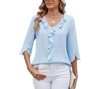 ASKSA Women T-Shirt V Neck 3/4 Sleeve Ruffle Blouses Summer Solid Color Casual Business Loose Elegant Basic Shirts Tops (Blue,L)