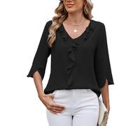 ASKSA Women T-Shirt V Neck 3/4 Sleeve Ruffle Blouses Summer Solid Color Casual Business Loose Elegant Basic Shirts Tops (Black,L)