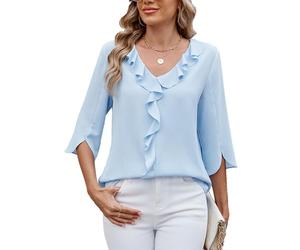 ASKSA Women T-Shirt V Neck 3/4 Sleeve Ruffle Blouses Summer Solid Color Casual Business Loose Elegant Basic Shirts Tops (Blue,L)