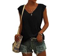ASKSA Women V Neck Cap Sleeve T-Shirt Summer Solid Color Tank Top Casual Loose Shirts Basic Tee Tops (Black,XL)