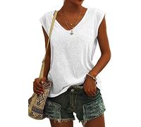ASKSA Women V Neck Cap Sleeve T-Shirt Summer Solid Color Tank Top Casual Loose Shirts Basic Tee Tops (White,L)