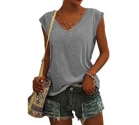 ASKSA Women V Neck Cap Sleeve T-Shirt Summer Solid Color Tank Top Casual Loose Shirts Basic Tee Tops (Grey,S)