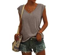 ASKSA Women V Neck Cap Sleeve T-Shirt Summer Solid Color Tank Top Casual Loose Shirts Basic Tee Tops (Gray Brown,L)