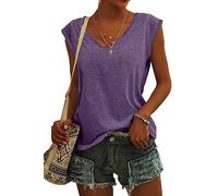 ASKSA Women V Neck Cap Sleeve T-Shirt Summer Solid Color Tank Top Casual Loose Shirts Basic Tee Tops (Purple,XXL)