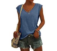 ASKSA Women V Neck Cap Sleeve T-Shirt Summer Solid Color Tank Top Casual Loose Shirts Basic Tee Tops (Blue,M)