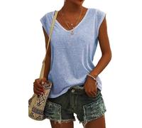 ASKSA Women V Neck Cap Sleeve T-Shirt Summer Solid Color Tank Top Casual Loose Shirts Basic Tee Tops (Light Blue,XL)