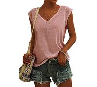 ASKSA Women V Neck Cap Sleeve T-Shirt Summer Solid Color Tank Top Casual Loose Shirts Basic Tee Tops (Pink,L)