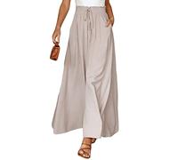 ASKSA Women Wide Leg Trousers High Waisted Boho Palazzo Culottes Casual Flowy Pants with Drawstring Pockets（Apricot,XL）