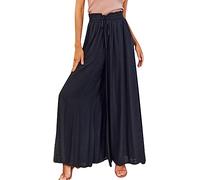 ASKSA Women Wide Leg Trousers High Waisted Boho Palazzo Culottes Casual Flowy Pants with Drawstring Pockets