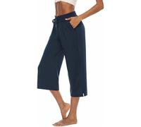 ASKSA Womens 3/4 Capri Pants Wide Leg Crop Trousers Jogging Yoga Loose Comfy Lounge Drawstring Sweatpants with Pockets (Navy Blue,S)